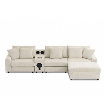 Merax Corduroy Sectional Sofa with Bluetooth Speakers，L Shaped Couch with Console