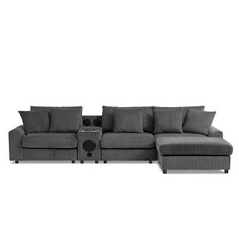 Merax Corduroy Sectional Sofa with Bluetooth Speakers，L Shaped Couch with Console