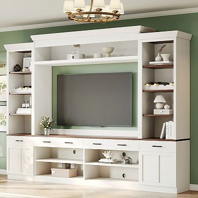 Merax Farmhouse 4-Piece Entertainment Wall Unit Set with Bookshelf for TVs Up to 70"