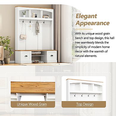 Merax Farmhouse 4-in-1 Hall Tree with Wood Grain Bench and Top, Multifunctional Coat Rack