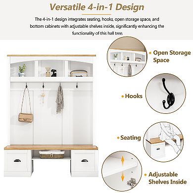 Merax Farmhouse 4-in-1 Hall Tree with Wood Grain Bench and Top, Multifunctional Coat Rack