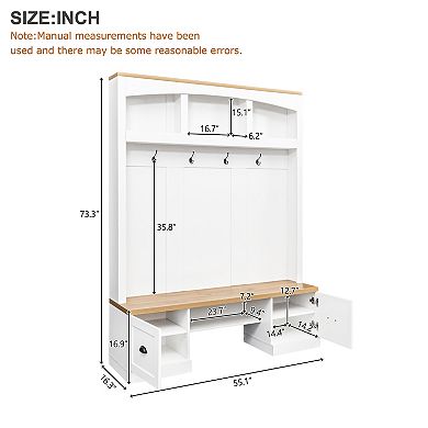 Merax Farmhouse 4-in-1 Hall Tree with Wood Grain Bench and Top, Multifunctional Coat Rack