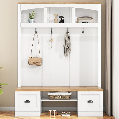 Merax Farmhouse 4-in-1 Hall Tree with Wood Grain Bench and Top, Multifunctional Coat Rack