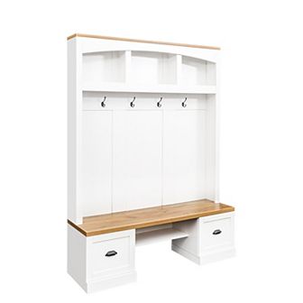 Merax Farmhouse 4-in-1 Hall Tree with Wood Grain Bench and Top, Multifunctional Coat Rack