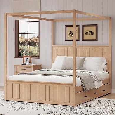 Merax Modern Canopy Platform Bed with Trundle and Three Storage Drawers，Solid Wood Bed Frame