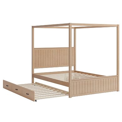 Merax Modern Canopy Platform Bed with Trundle and Three Storage Drawers，Solid Wood Bed Frame