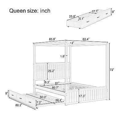 Merax Modern Canopy Platform Bed with Trundle and Three Storage Drawers，Solid Wood Bed Frame