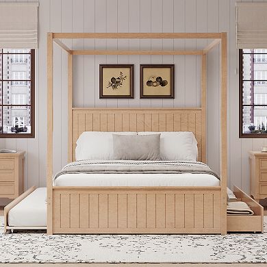 Merax Modern Canopy Platform Bed with Trundle and Three Storage Drawers，Solid Wood Bed Frame