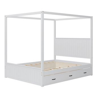 Merax Modern Canopy Platform Bed with Trundle and Three Storage Drawers，Solid Wood Bed Frame