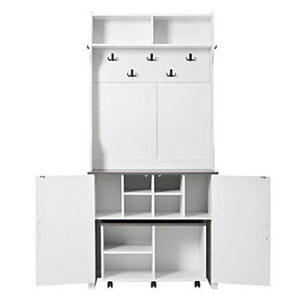 Merax Farmhouse 4-in-1 Hall Tree with Barn Doors，Movable Bench，Entryway Coat Rack