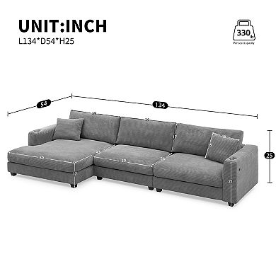 Merax Oversized Corduroy Sectional Sofa，L Shaped Cloud Couch with USB Charging Port