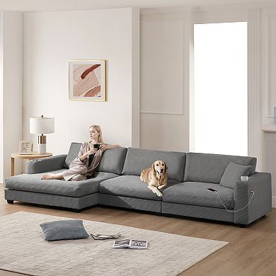 Merax Oversized Corduroy Sectional Sofa，L Shaped Cloud Couch with USB Charging Port