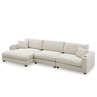 Merax Oversized Corduroy Sectional Sofa，L Shaped Cloud Couch with USB Charging Port