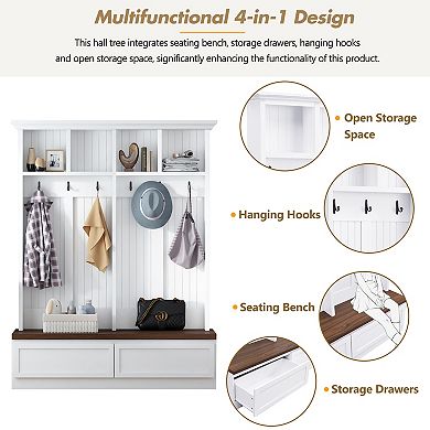 Merax Farmhouse 4-in-1 Hall Tree with Wood Grain Bench, Mudroom Versatile Coat Rack