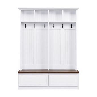 Merax Farmhouse 4-in-1 Hall Tree with Wood Grain Bench, Mudroom Versatile Coat Rack