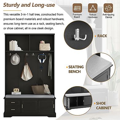 Merax Elegant Hall Tree with Sliding Doors, Versatile Coat Rack with 6 Silvery Hooks & Handles