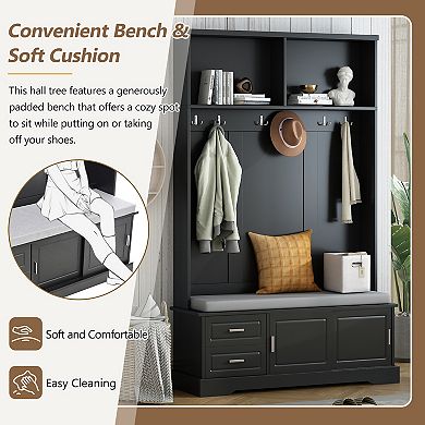 Merax Elegant Hall Tree with Sliding Doors, Versatile Coat Rack with 6 Silvery Hooks & Handles