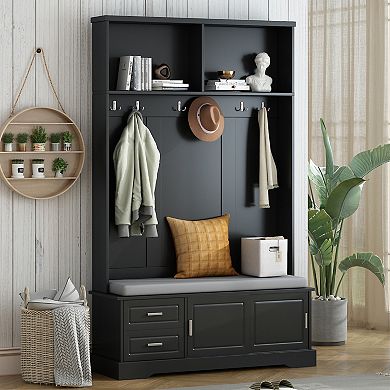 Merax Elegant Hall Tree with Sliding Doors, Versatile Coat Rack with 6 Silvery Hooks & Handles