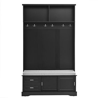 Merax Elegant Hall Tree with Sliding Doors, Versatile Coat Rack with 6 Silvery Hooks & Handles