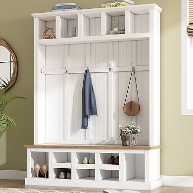 Merax Farmhouse Wooden Style 78''H Modern Hall Tree with Wide Storage Seating Bench，Coat Rack