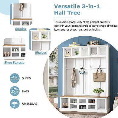 Merax Farmhouse Wooden Style 78''H Modern Hall Tree with Wide Storage Seating Bench，Coat Rack