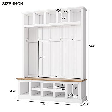 Merax Farmhouse Wooden Style 78''H Modern Hall Tree with Wide Storage Seating Bench，Coat Rack