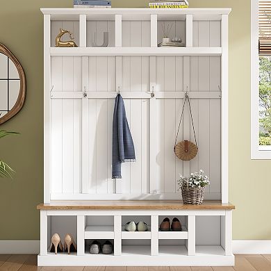 Merax Farmhouse Wooden Style 78''H Modern Hall Tree with Wide Storage Seating Bench，Coat Rack