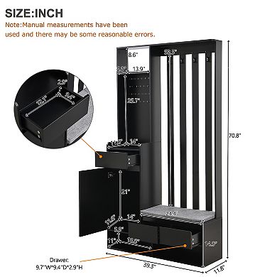 Merax Modern Coat Rack with 4 Hooks，Multifunctional Hallway Shoe Cabinet with Pegboard