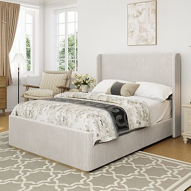 Merax Corduroy Upholstered Bed Frame with Vertical Stripe Wingback Headboard and High Footboard