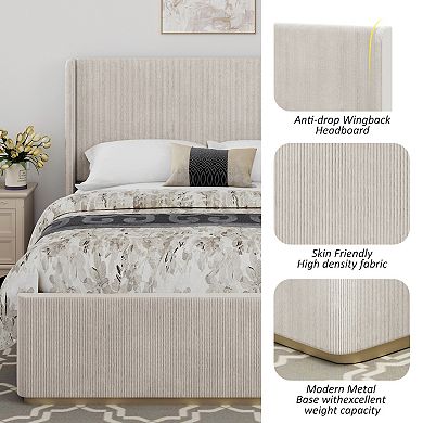 Merax Corduroy Upholstered Bed Frame with Vertical Stripe Wingback Headboard and High Footboard