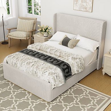 Merax Corduroy Upholstered Bed Frame with Vertical Stripe Wingback Headboard and High Footboard