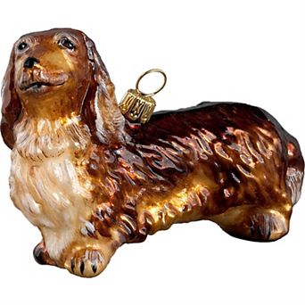 Joy To The World Dachshund Long Haired Red Polish Glass Christmas Ornament
