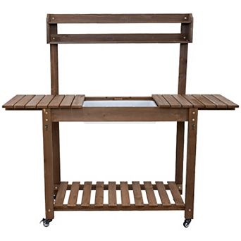 Sunnydaze Wheeled Wood Outdoor Potting Bench with Dry Sink - Brown - 39.25"