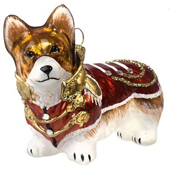 Joy To The World Corgi In Vintage Military Coat Polish Glass Christmas Ornament