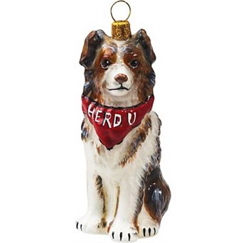Joy To The World Australian Shepherd With Herd U Bandana Polish Glass Christmas Ornament