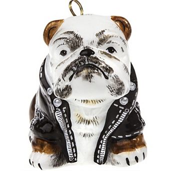 Joy To The World Bulldog In Motorcycle Jacket Polish Glass Christmas Ornament