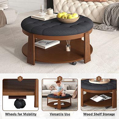 Merax Modern Large Round Ottoman Coffee Table 2-Tier Oversized Button Tufted Ottoman
