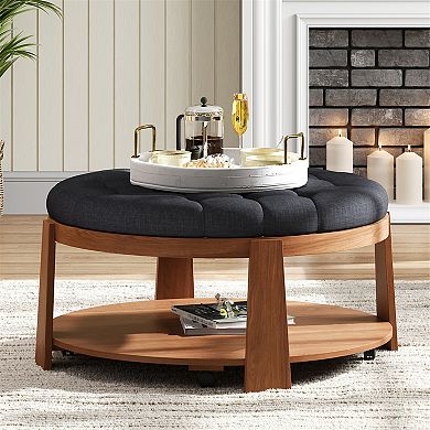 Merax Modern Large Round Ottoman Coffee Table 2-Tier Oversized Button Tufted Ottoman