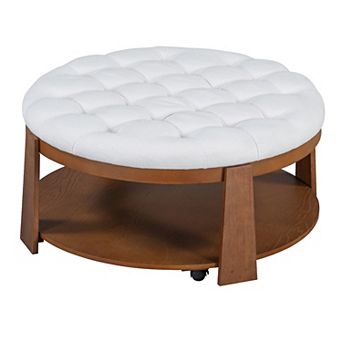 Merax Modern Large Round Ottoman Coffee Table 2 tier Oversized Button Tufted Ottoman