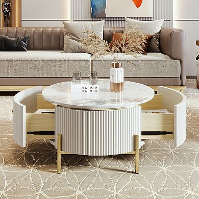 Merax Modern Round Coffee Table with 2 large Drawers Storage Accent Table
