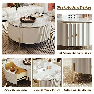 Merax Modern Round Coffee Table with 2 large Drawers Storage Accent Table