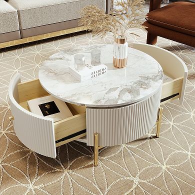 Merax Modern Round Coffee Table with 2 large Drawers Storage Accent Table