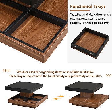 Merax Modern Square 360°Rotating Coffee Table with Three Detachable Tray