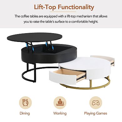 Merax Modern Round Lift-top Nesting Coffee Tables with 2 Drawers