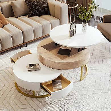 Merax Modern Round Lift-top Nesting Coffee Tables with 2 Drawers