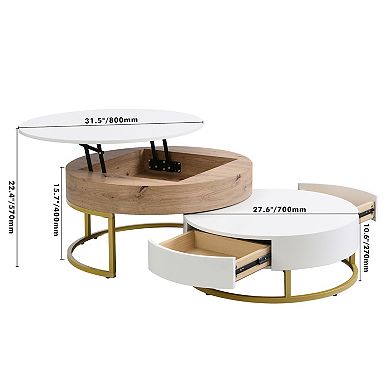 Merax Modern Round Lift-top Nesting Coffee Tables with 2 Drawers