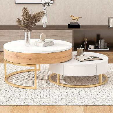 Merax Modern Round Lift-top Nesting Coffee Tables with 2 Drawers