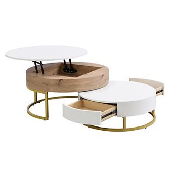 Merax Modern Round Lift-top Nesting Coffee Tables with 2 Drawers
