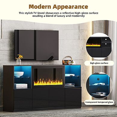 Merax Modern TV Stand with 34.2" Non-heating Electric Fireplace, High Gloss Entertainment Center