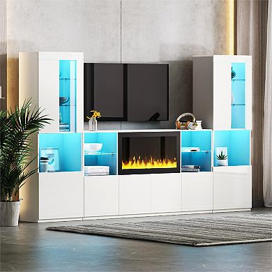 Merax Modern TV Stand with 34.2" Non-heating Electric Fireplace, High Gloss Entertainment Center